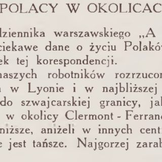 Fragment artykułu 'Jak żyją Polacy w okolicach Lyonu?' w gazecie 'ABC', omawiający warunki życia Polaków w Lyonie i okolicach, wspominający o niższych zarobkach, ale tańszym życiu.