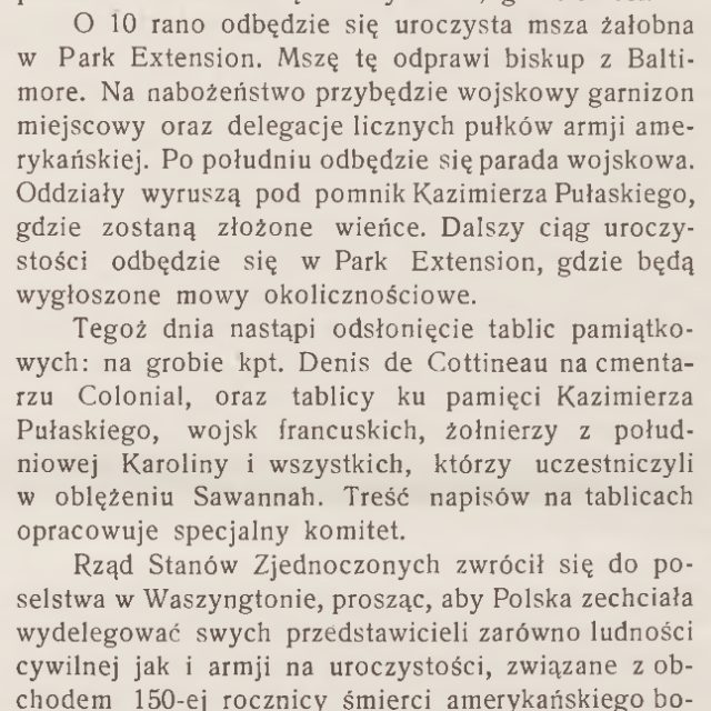 Texte tiré de chroniques locales du magazine "Wieści z Polski" décrivant les célébrations en l'honneur de K. Pulaski, y compris le dévoilement de plaques commémoratives et le dépôt de fleurs au monument Pulaski.