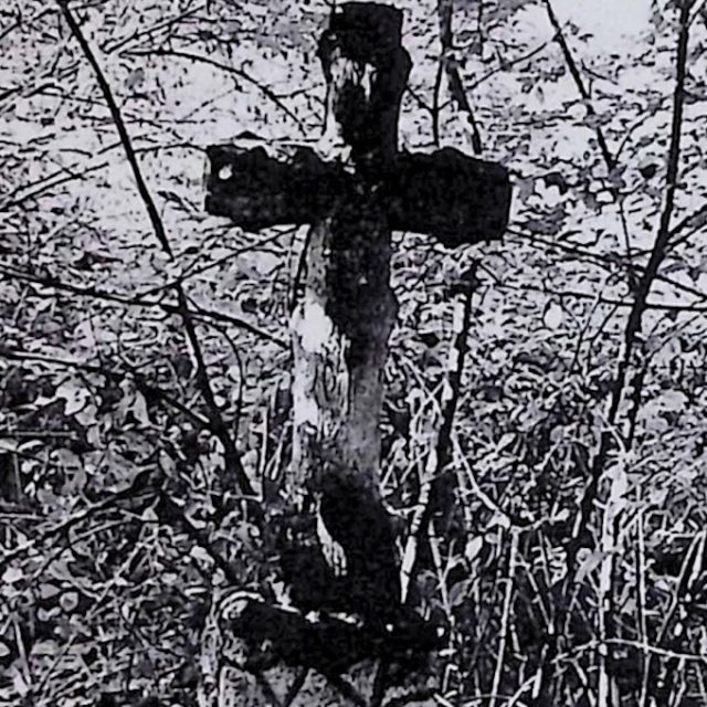 Tombstone of Franciszek Spiałek with a cross resembling a tree trunk on a rock-shaped base. The lower part of the cross decorated with carved oak branches. On the front a plaque with an inscription.