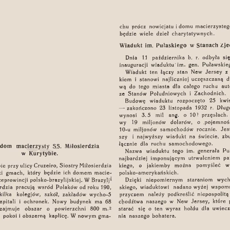 Scan d'une page du magazine « Wieści z Polski » comportant les titres « La nouvelle maison mère de la Société de la Miséricorde à Curitiba » et « Le viaduc Pulaski aux États-Unis », ainsi que deux colonnes de texte en polonais