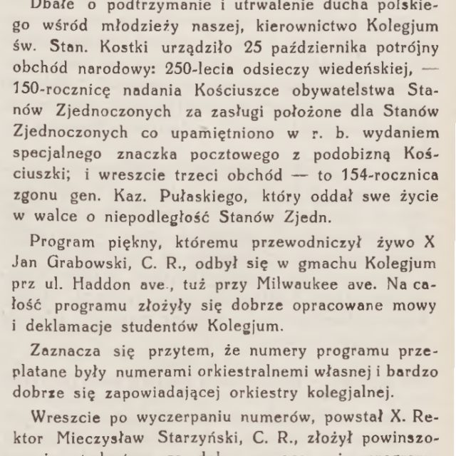 A scan of a page from a Polish-language magazine featuring the headline ‘National Celebration at St Stanislaus Kostka College in Chicago’ and an article about a trip by Poles from Czechoslovakia to Poland, dated Widnawa, 6 November 1933