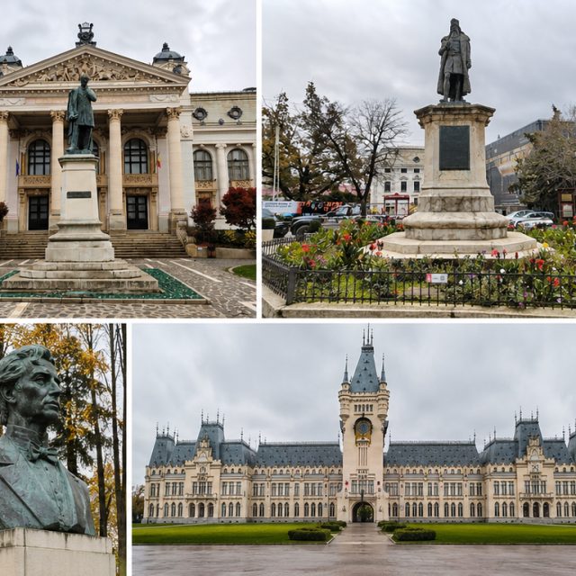 Kolaż fotografii pomników w rumuńskim Iași: figura na cokole przed neoklasycznym budynkiem, figura w ogrodzonym klombie, brązowe popiersie oraz Pałac Kultury z wieżą zegarową