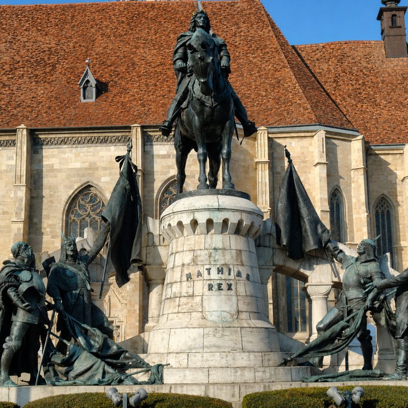 Fotografia pomnika Macieja Korwina w Klużu Napoka z konnym posągiem na kamiennym cokole i czterema brązowymi postaciami wokół trzymającymi chorągwie i broń; na cokole napis Mathias Rex