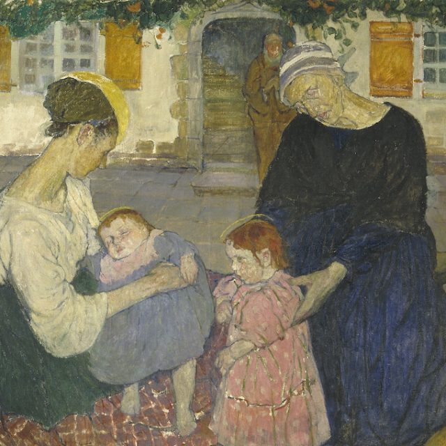 Peinture de deux femmes et de deux enfants dans une cour. Une femme tient un bébé sur ses genoux, l autre se penche vers un petit enfant en rose. Une maison avec fenêtres et porte ouverte se trouve à l arrière plan.