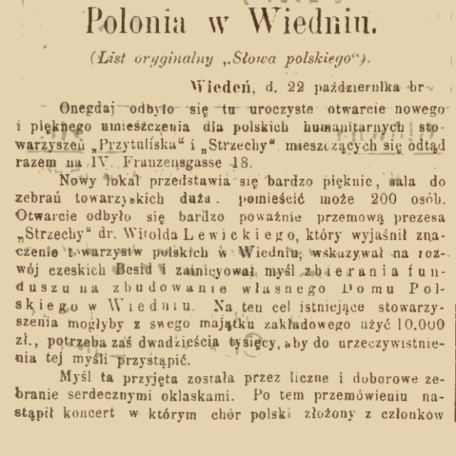 Wycinek prasowy z tytułem Polonia w Wiedniu i kolumną polskiego tekstu o otwarciu nowego lokalu w Wiedniu.