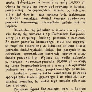 Газетна вирізка із заголовком Pomnik Jana III та колонкою друкованого тексту про пам’ятник у Львові.