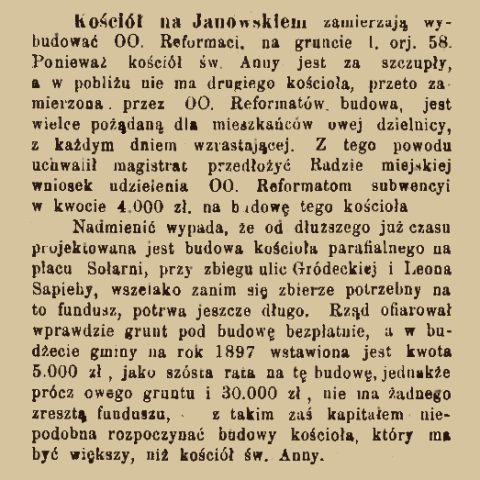 Wycinek prasowy z polskim tekstem o planach budowy kościoła przy ulicy Janowskiej we Lwowie.