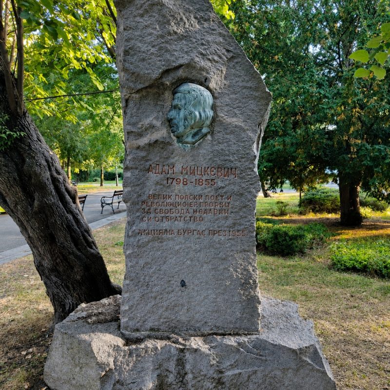 A photograph of the Adam Mickiewicz monument in Burgas. A metal relief depicting a profile of his head is set into a rough stone slab. The Bulgarian inscription reads ‘Adam Mickiewicz 1798 1855’ and mentions Burgas in 1855.