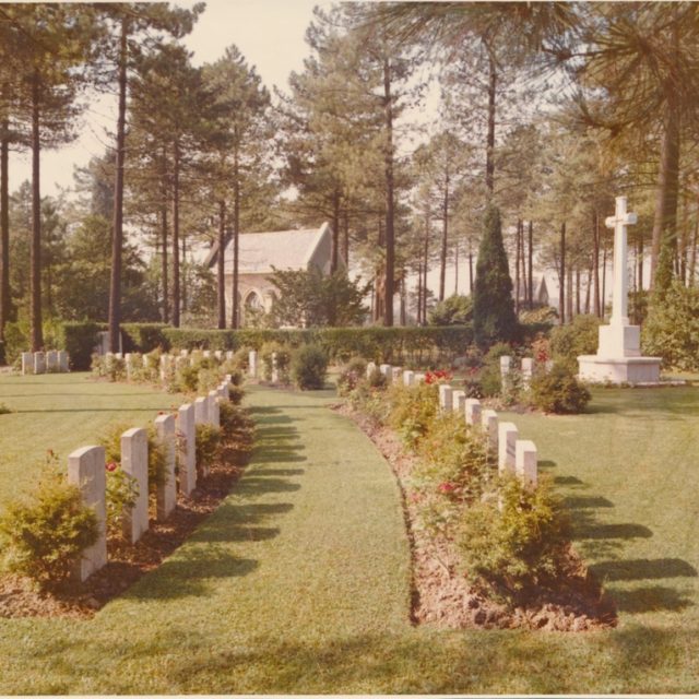 Фотографія Меморіального саду на військовому кладовищі Співдружності Націй у Більбао з рядами білих надгробків уздовж звивистої трав’янистої алеї та кам’яним хрестом серед сосен.