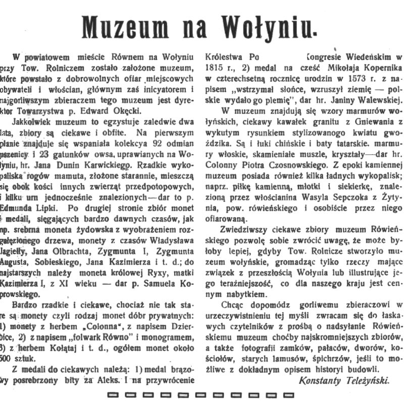 Zeskanowana strona prasowa z tytułem Muzeum na Wołyniu i wieloszpaltowym artykułem po polsku o muzeum w Równem na Wołyniu.