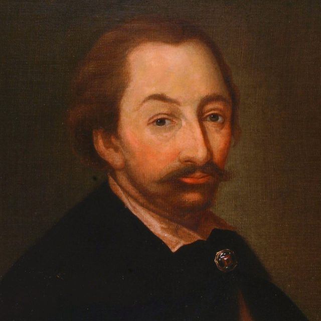 Painted portrait of a man with a moustache and short beard in dark clothing against a brown background.